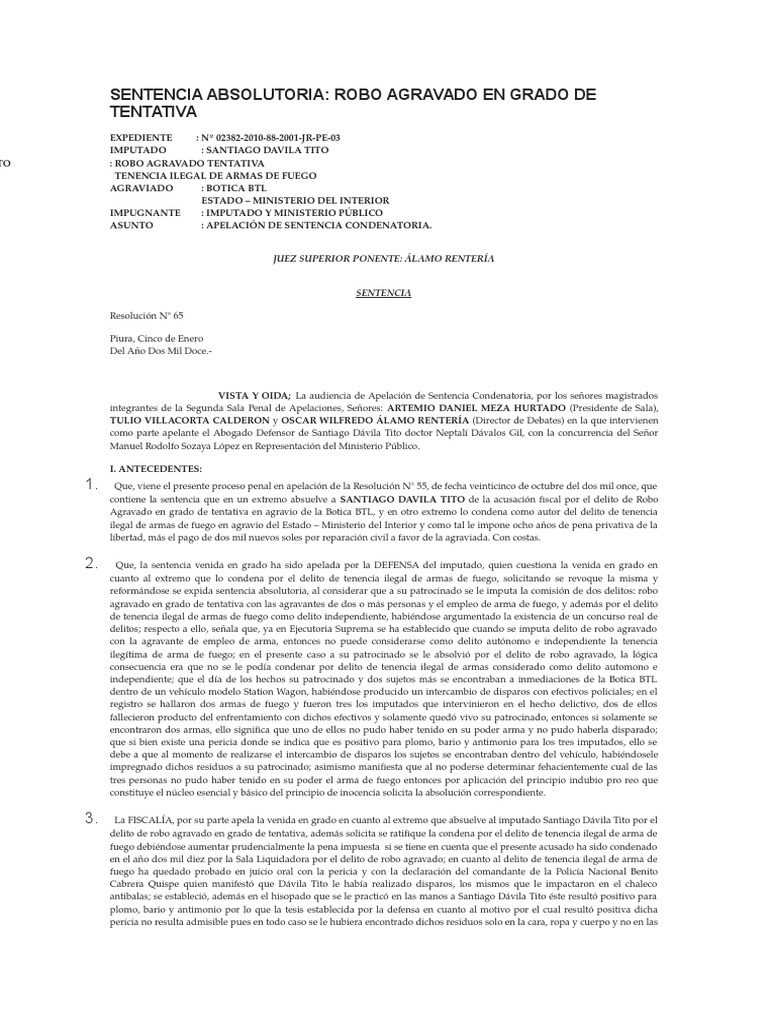 Sentencia Absolutoria 2010 | Descargar gratis PDF | Robo | Derecho penal