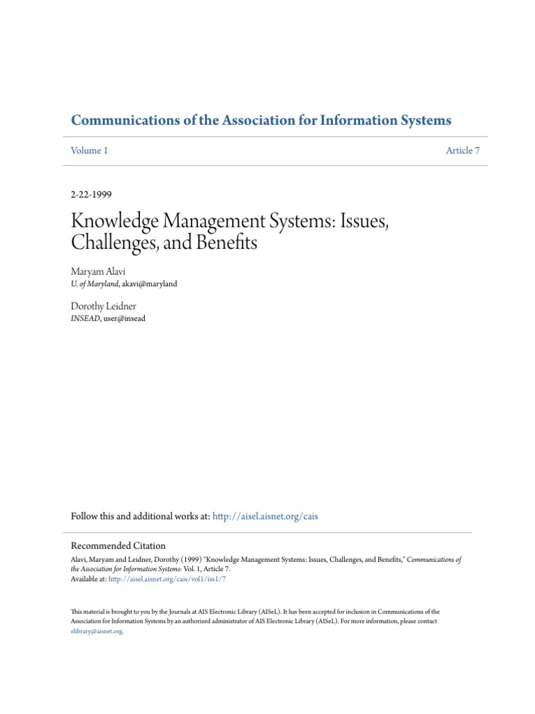 Knowledge Management Systems Issues Challenges And Benefits Pdf Pdf