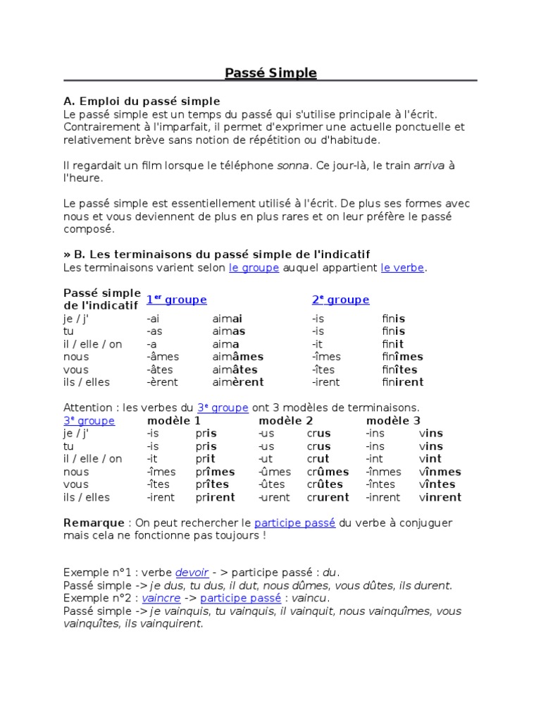 Devoir Au Passe Simple 1er Groupe Guide Passé Simple | PDF | Verbe | Conjugaison