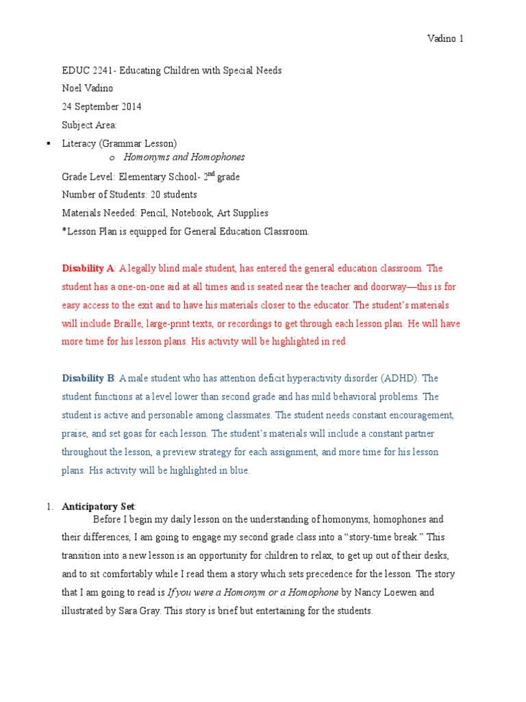 Lesson Plan For Blindness Adhd General Ed Visual Impairment Homework