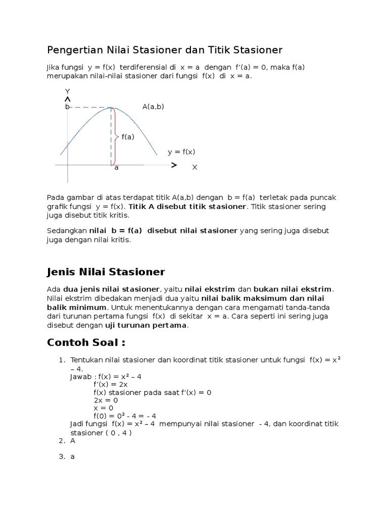 Pengertian Nilai Stasioner Dan Titik Stasioner
