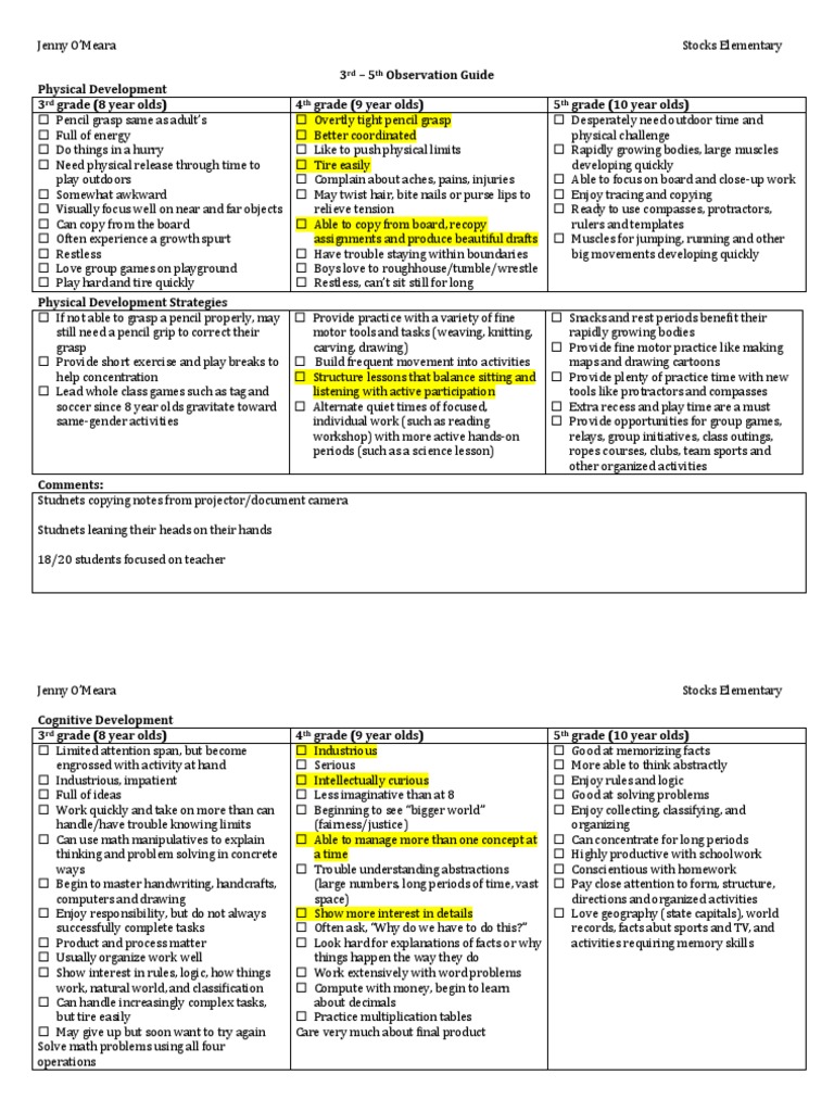 3 - 5 Observation Guide Physical Development 3 Grade (8 Year Olds) 4 ...