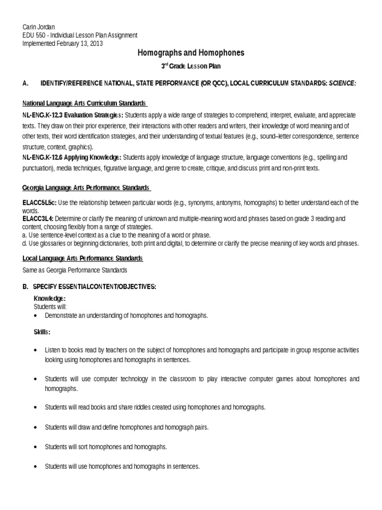 Carin Jordan 3rd Grade Lesson Plan Homophones and Homographs | PDF ...
