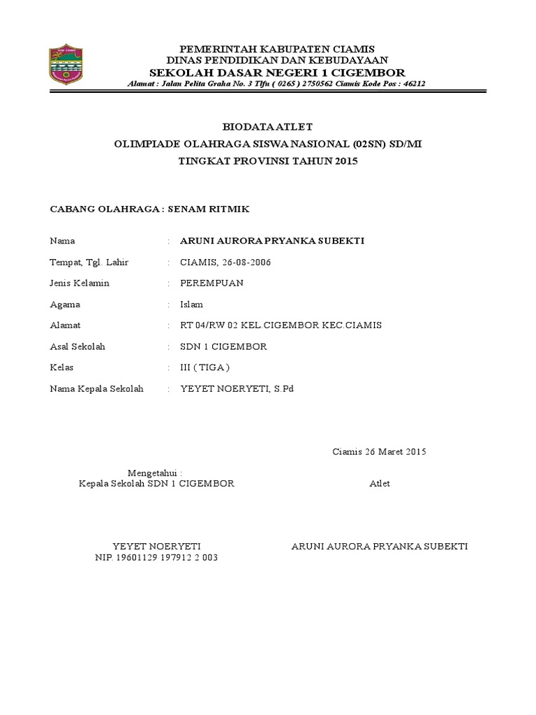 Biodata Atlet O2SN SD Ciamis 2015 | PDF | Olahraga & Rekreasi | Perjalanan
