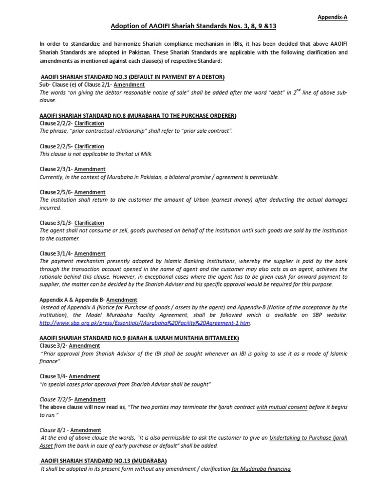 Adoption of AAOIFI Shariah Standards Nos. 3, 8, 9 &13: Appendix-A | PDF ...
