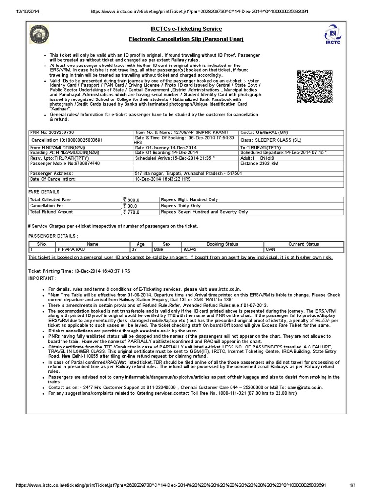 IRCTC e-Ticket Cancellation Details | PDF | Identity Document | Ticket ...