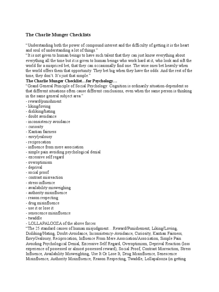 Charlie Munger's Investment Checklists | PDF | Risk | Perception
