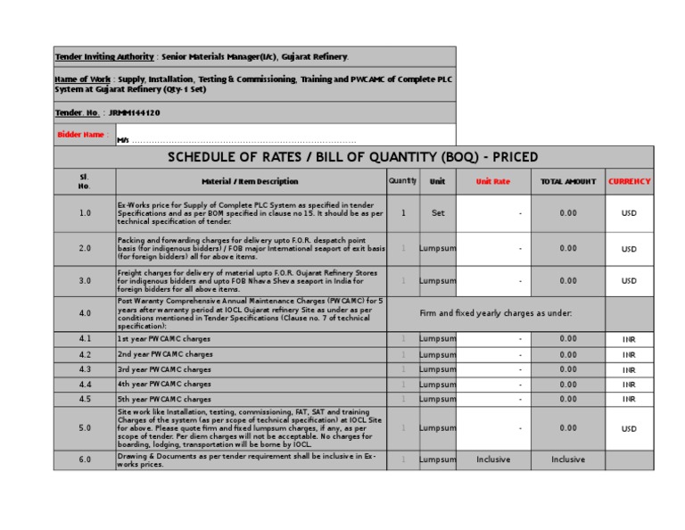 Schedule of Rates / Bill of Quantity (Boq) - Priced: Bidder Name | PDF
