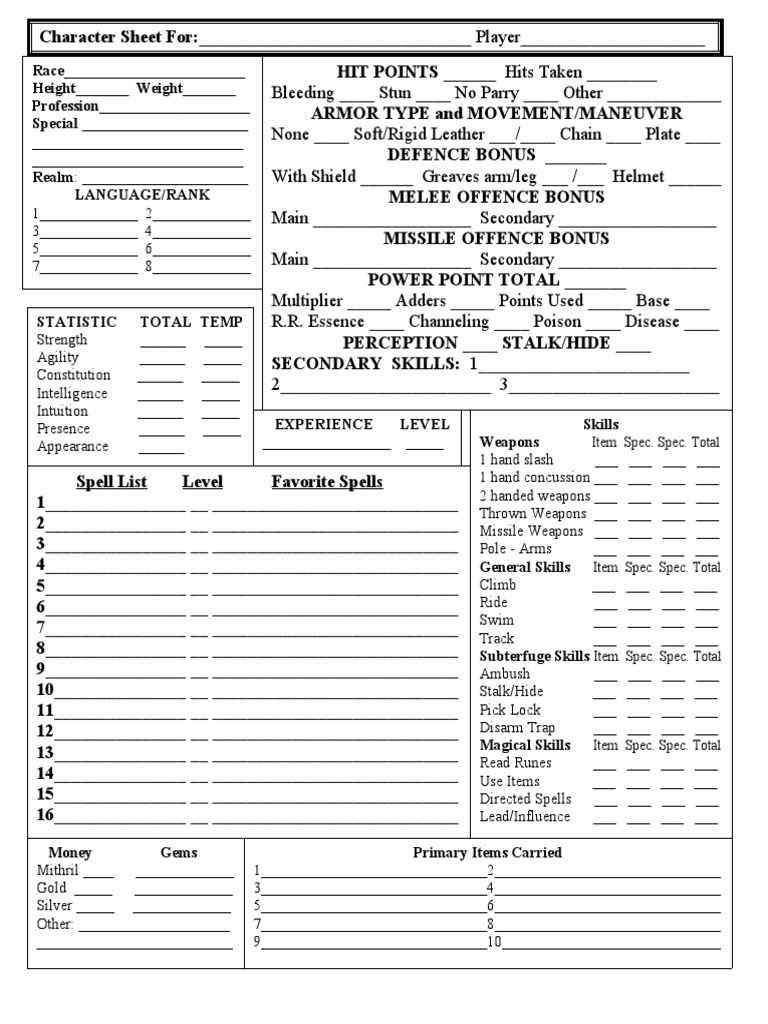 MERP Chacacter Sheet | Download Free PDF | Role Playing Games | Leisure
