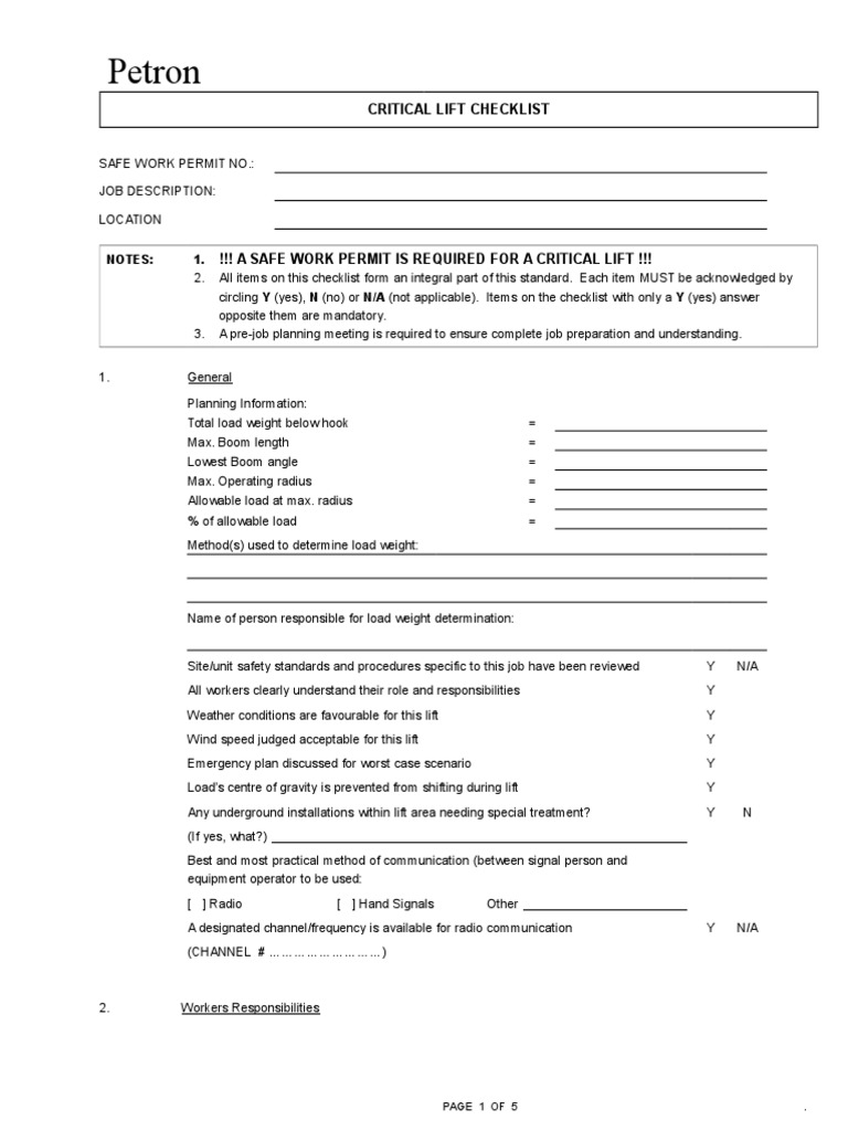 171126879 Critical Lift Checklist Elevator Crane (Machine)