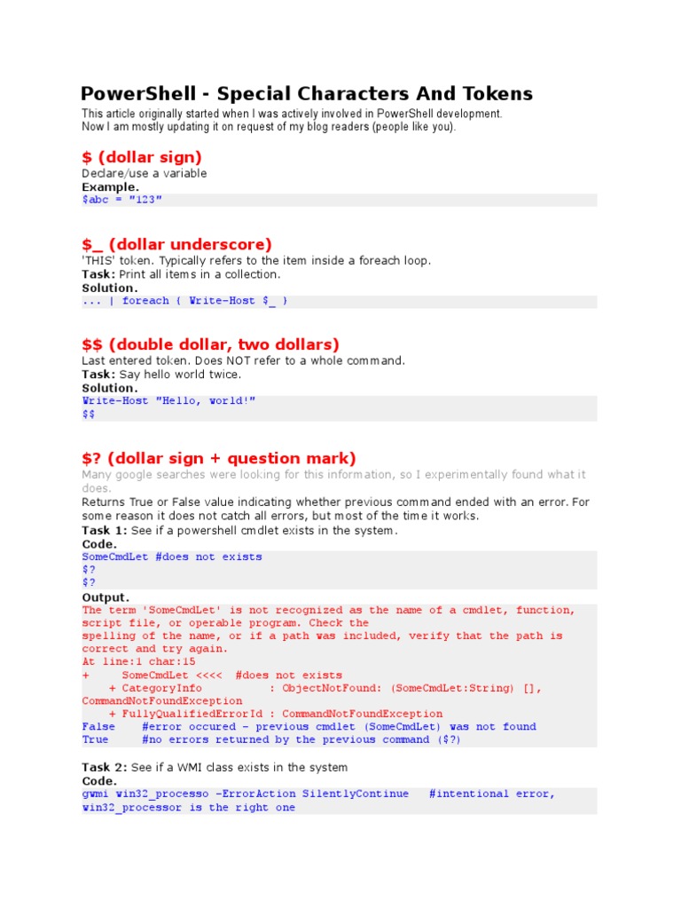 PowerShell - Special Characters and Tokens | PDF | Software Engineering |  Computer Programming