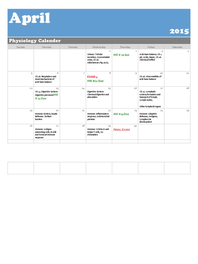 April 2015 Physiology Study Calendar | PDF | Immune System | Lymphatic ...