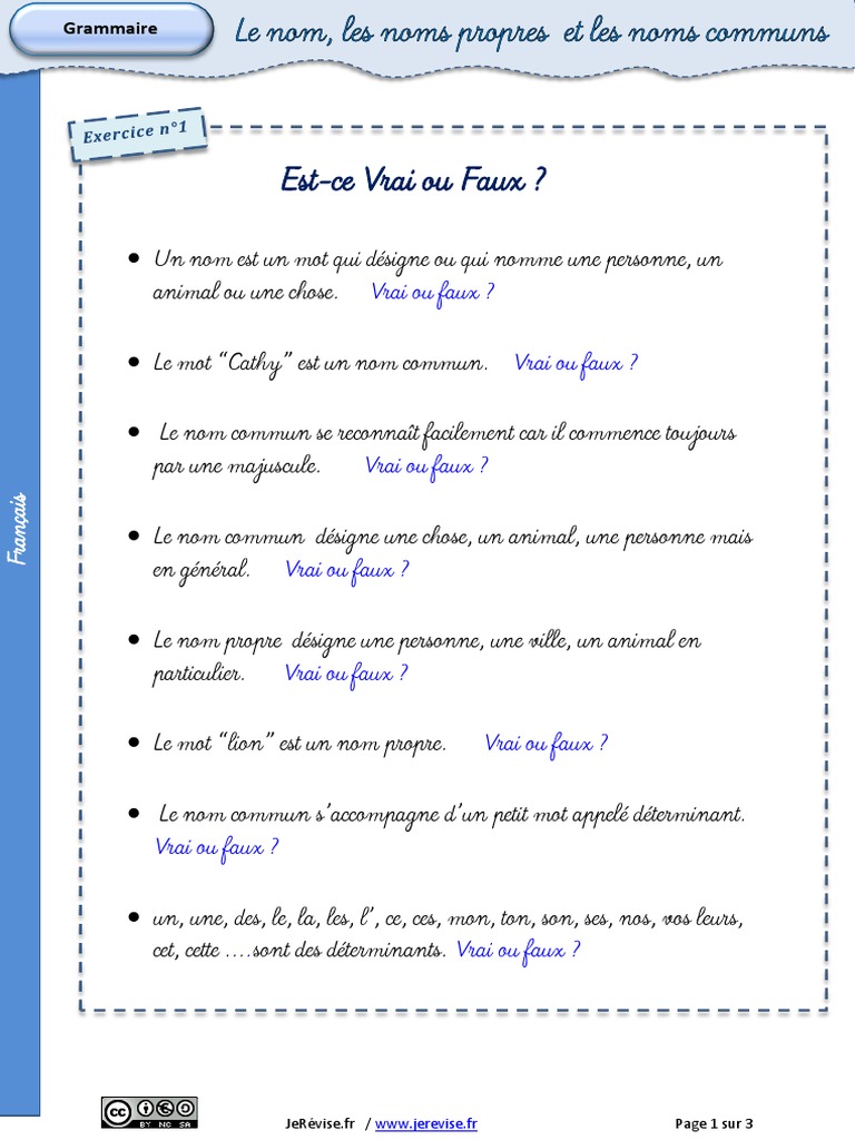 Nom Propre Et Nom Commun Exercice Exercices Noms | PDF | Nom (grammaire) | Morphologie linguistique