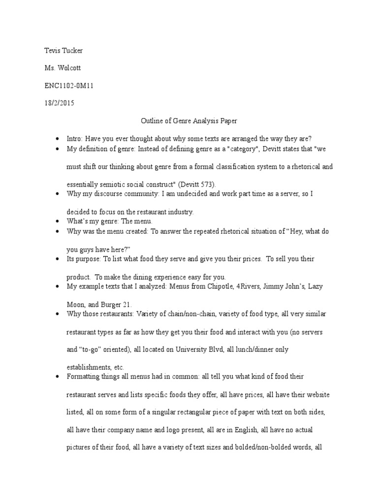 Genre Analysis Outline PDF Menu Genre