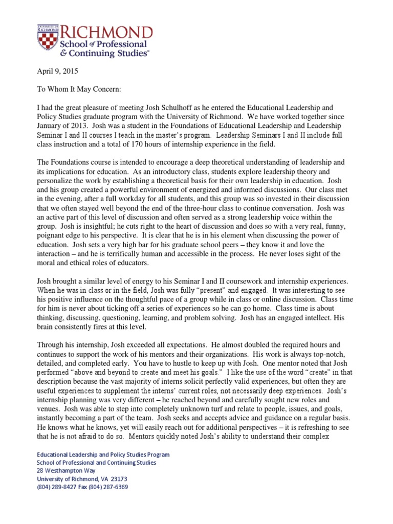 Recommendation for Josh Schulhoff | PDF | Mentorship | Internship