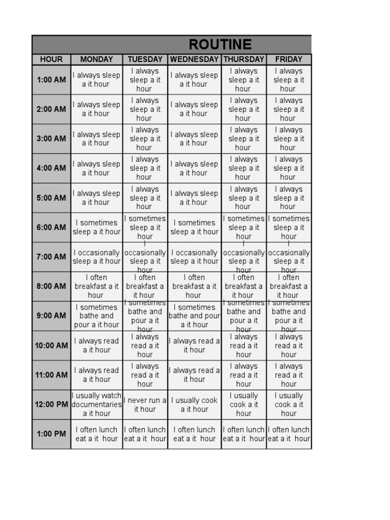 Routine: Hour Monday Tuesday Wednesday Thursday Friday 1:00 AM | PDF ...