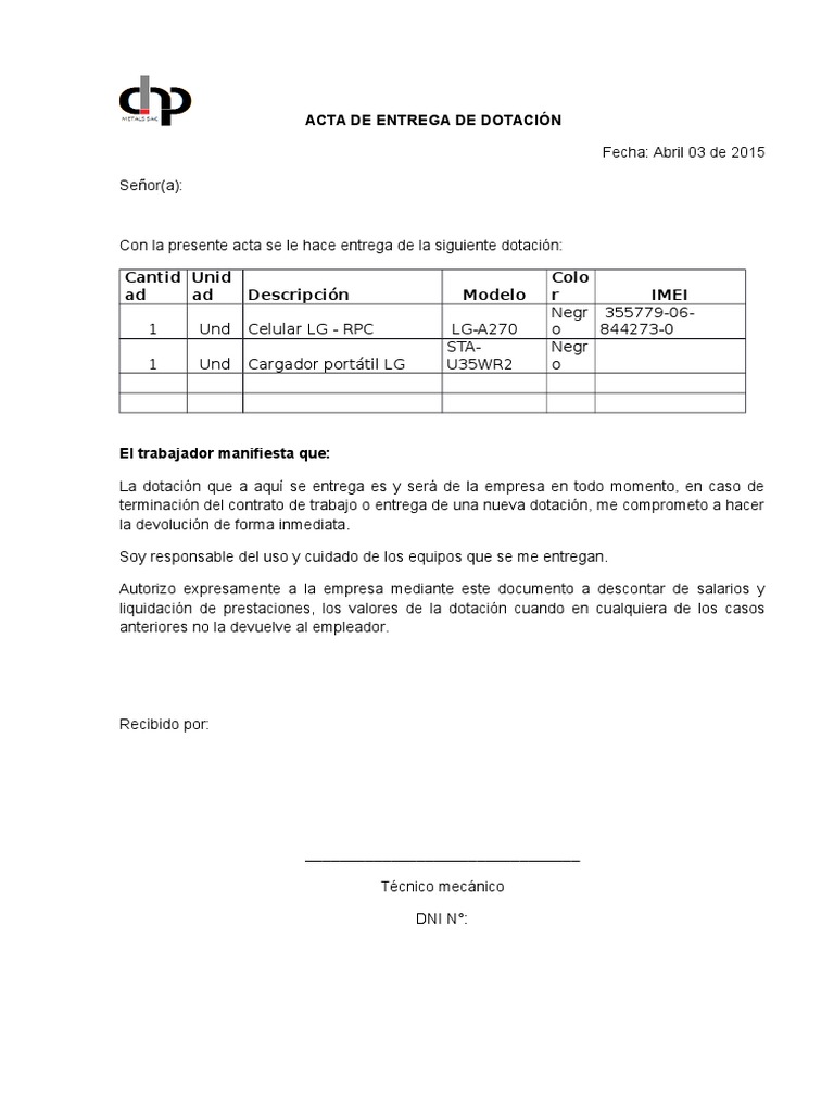 Acta de entrega dotacion equipos ( celulares).docx  Business  Economies
