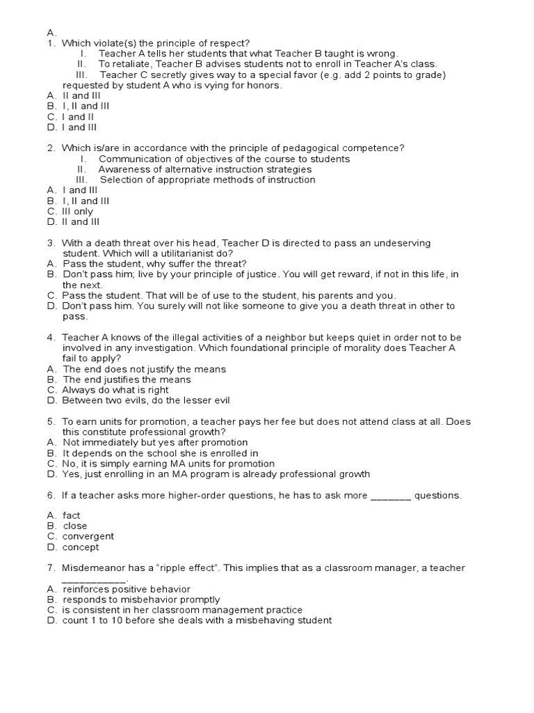 Licensure Examination Sample Questions Classroom Management Teachers