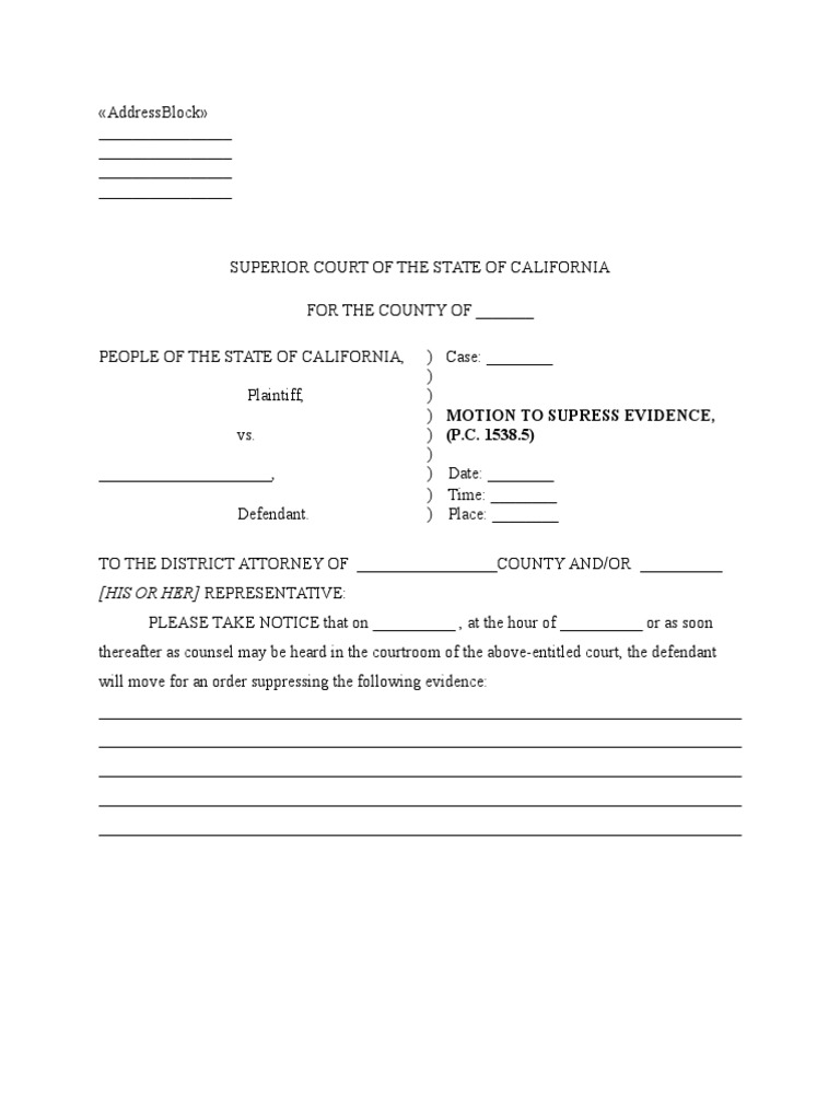 Motion to Suppress Evidence (P.C. 1538.5) | PDF | Motion In United ...