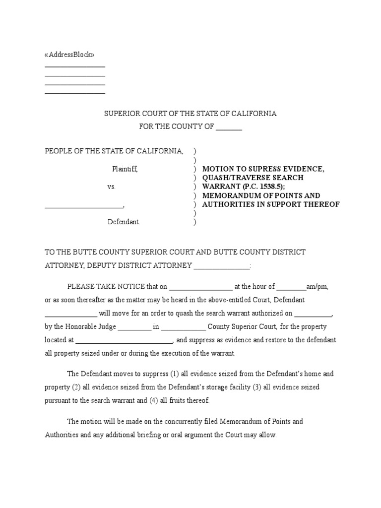 Quash Motion for Search Warrant | PDF | Search Warrant | Probable Cause