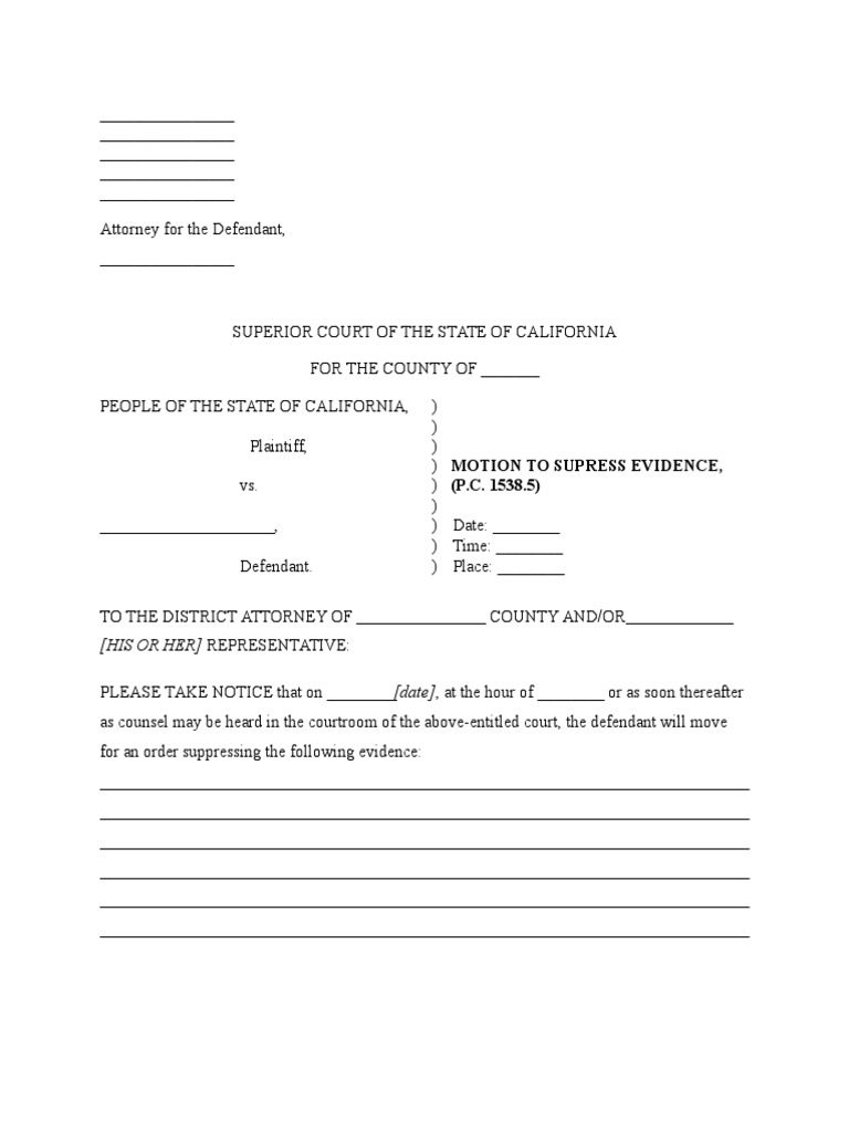 Motion to Suppress Evidence (PC 1538.5) | PDF | Motion In United States ...