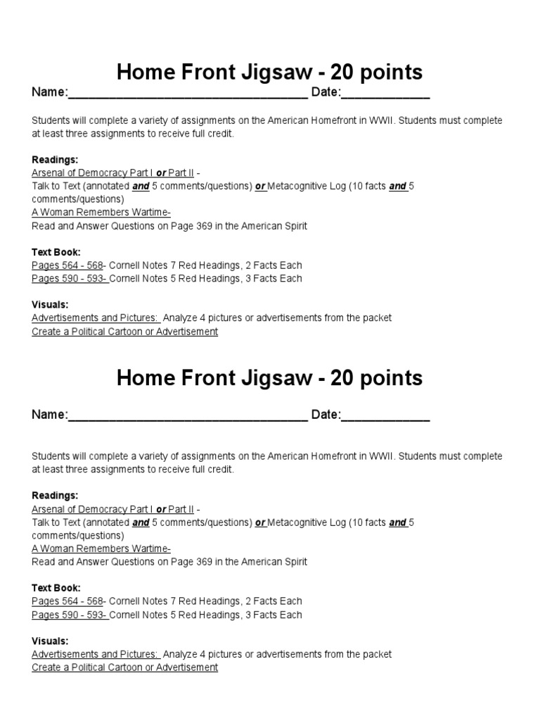 WWII American Homefront Assignments | PDF | Politics | Games & Activities