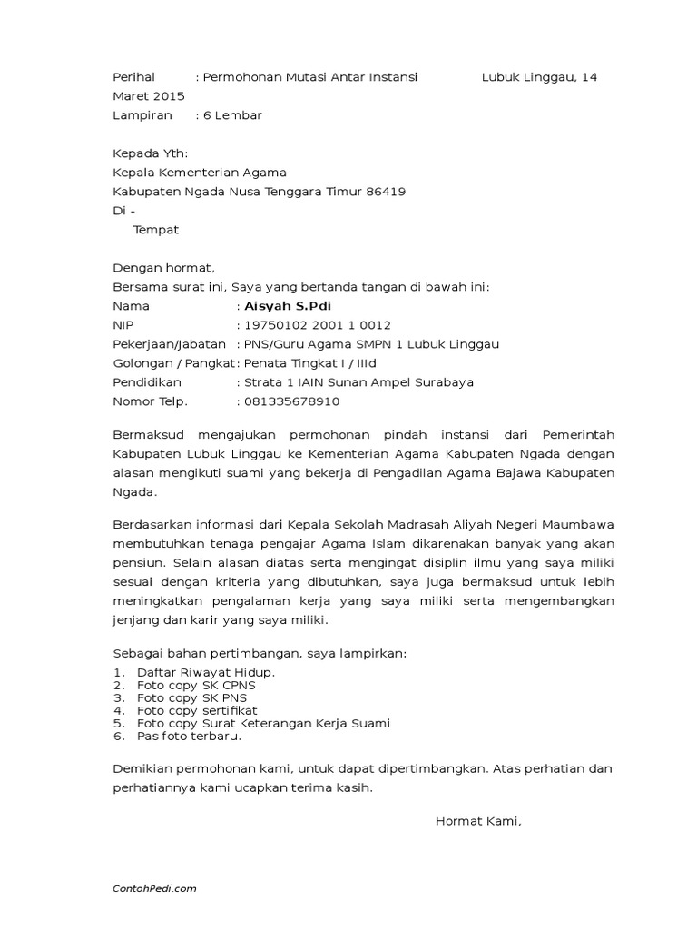 Surat Permohonan Izin Mutasi Antar Instansi Contohpedi C0m