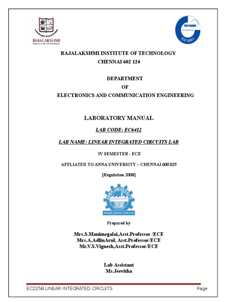 LIC Lab Manual Anna University PDF Operational Amplifier Amplifier