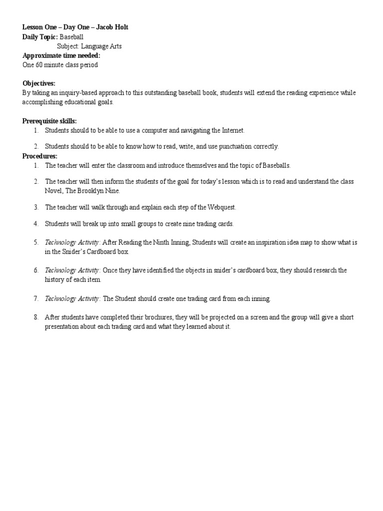 Inquiry-Based Baseball Lesson Plan | PDF | Learning | Cognition