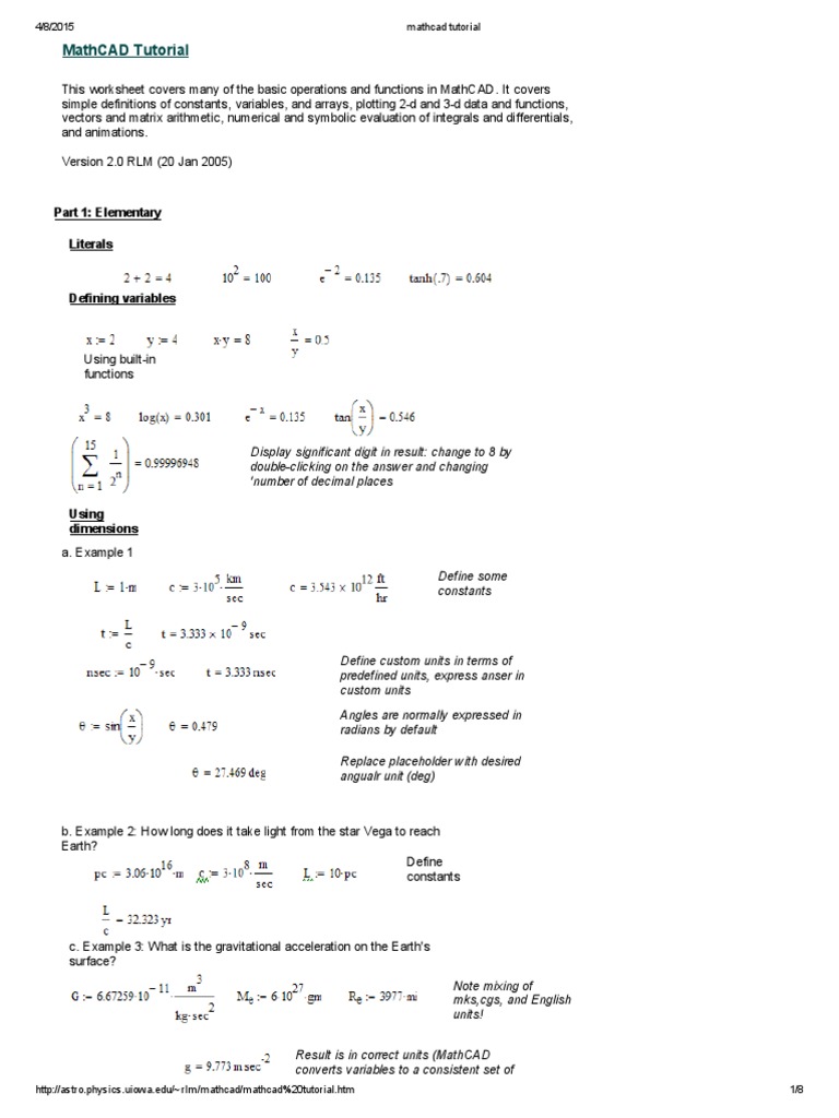 Mathcad Tutorial | PDF | Matrix (Mathematics) | Integral