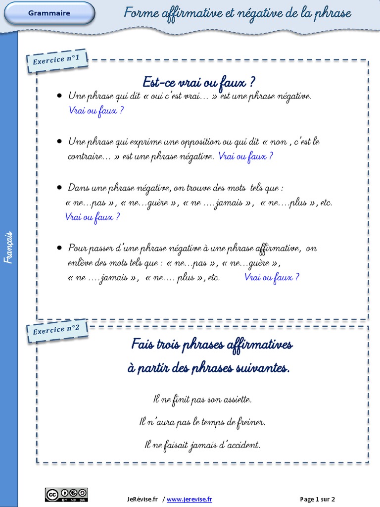 Exercices Phrase Negative Et Affirmative Ce2 Exercices Phrase Affirmative Negative