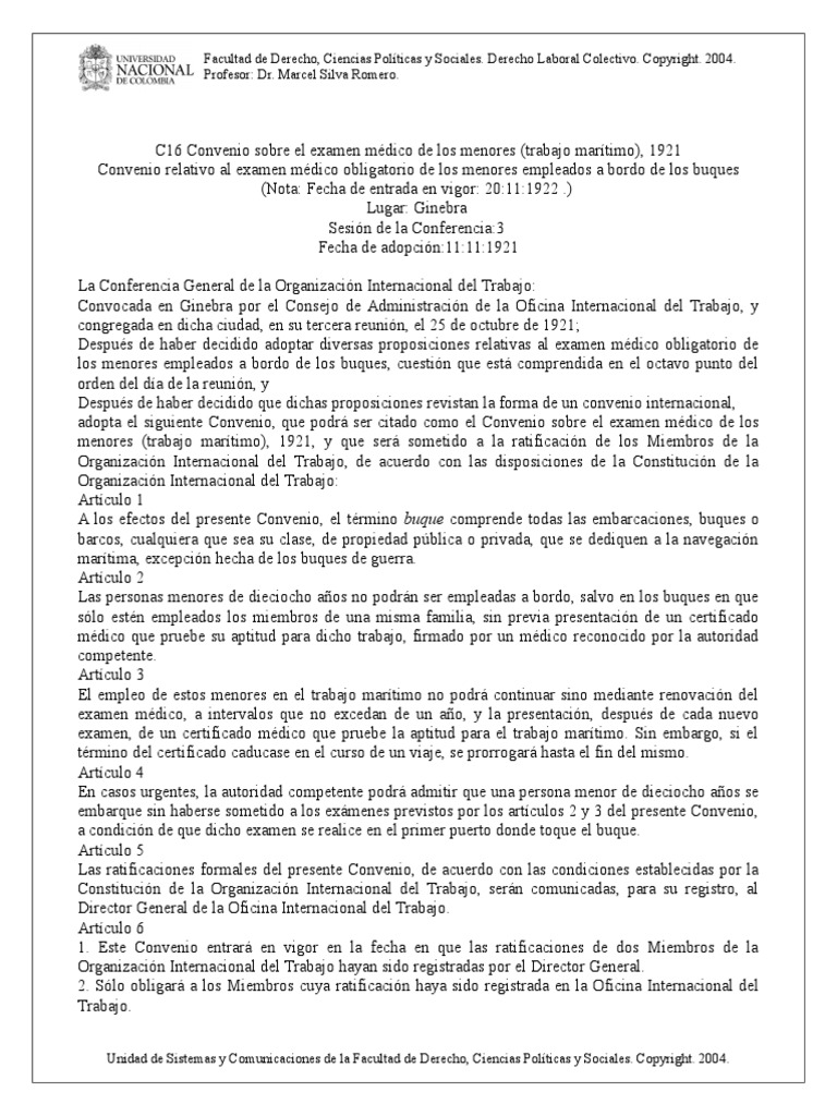 C16. Convenio Sobre El Examen Médico de Los Menores