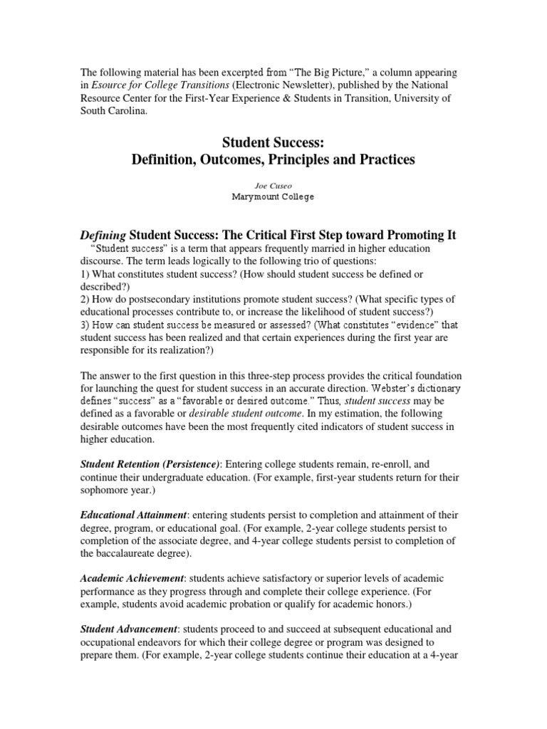 Defining Student Success in Higher Education | PDF | Metacognition ...