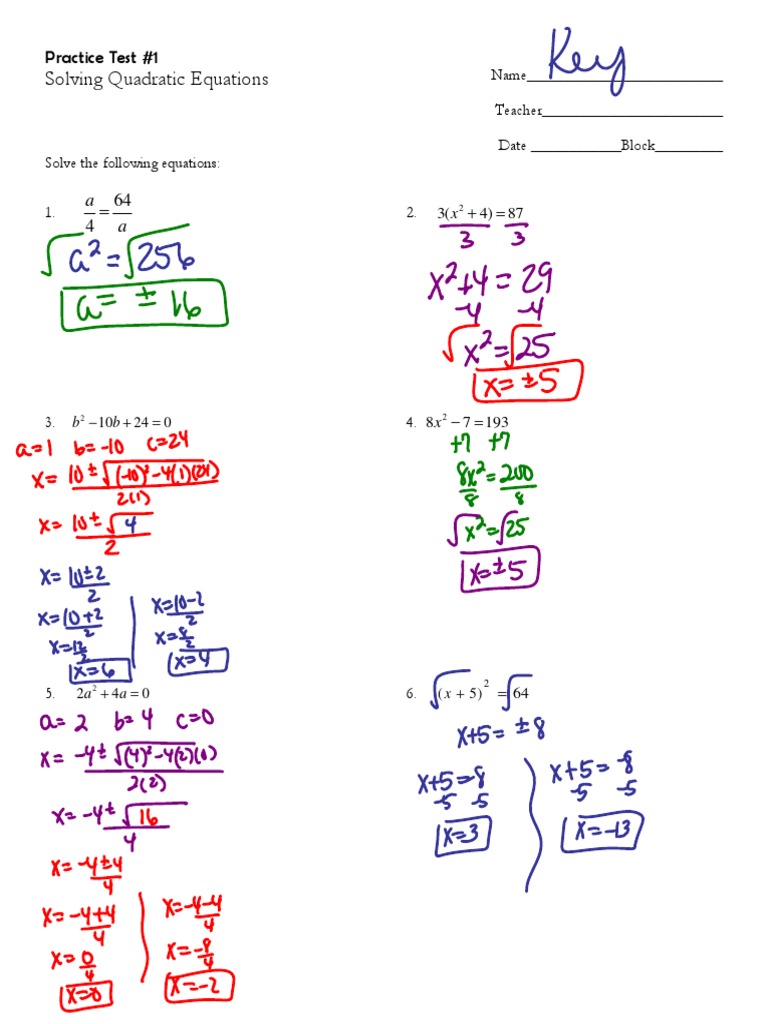Quadratic Equations Practice Test | PDF | Teaching Methods & Materials ...