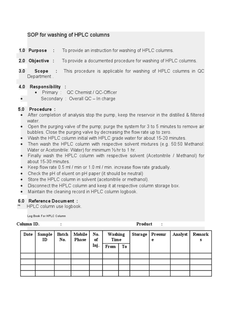 SOP For Washing of HPLC Columns PDF
