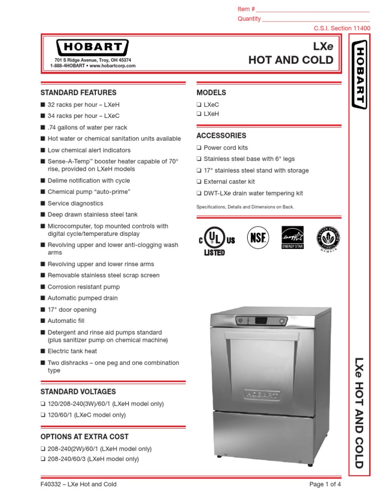 Hobart LXEH2 Dishwasher PDF Dishwasher Building Engineering