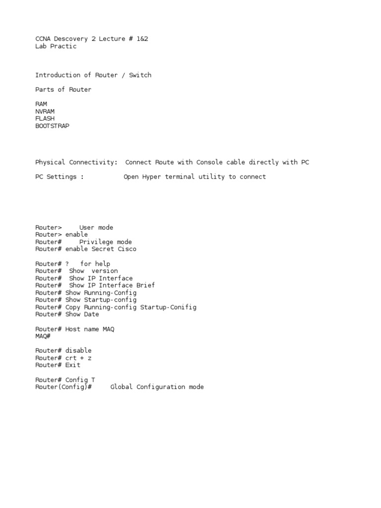 CCNA Descovery 2 Lacture 1&2 | PDF | Router (Computing) | Ip Address