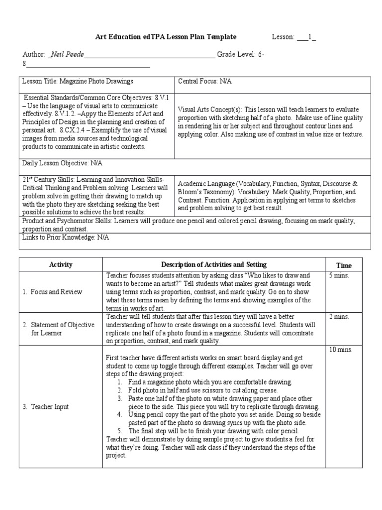 Tpack Lesson Plan PDF Drawing Lesson Plan