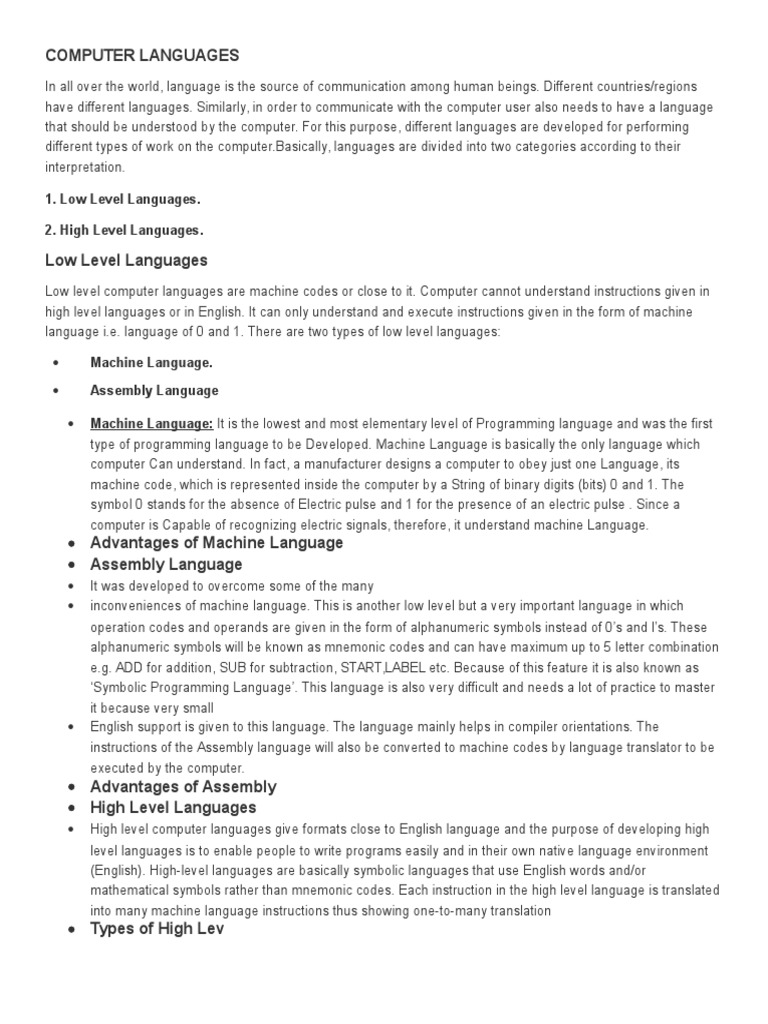 Computer Languages: 1. Low Level Languages. 2. High Level Languages ...
