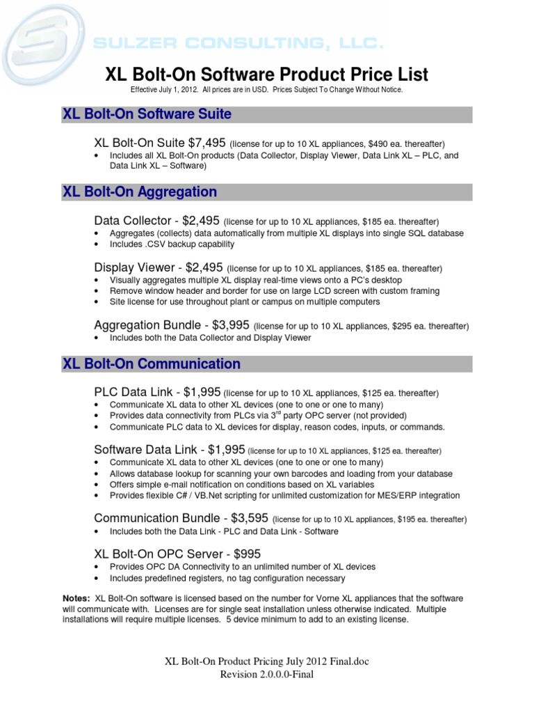 XL Bolt-On Software Pricing July 2012 | PDF