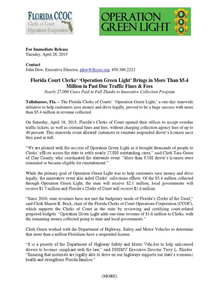 Florida Court Clerks' Operation Green Light' Brings in More Than 5.4