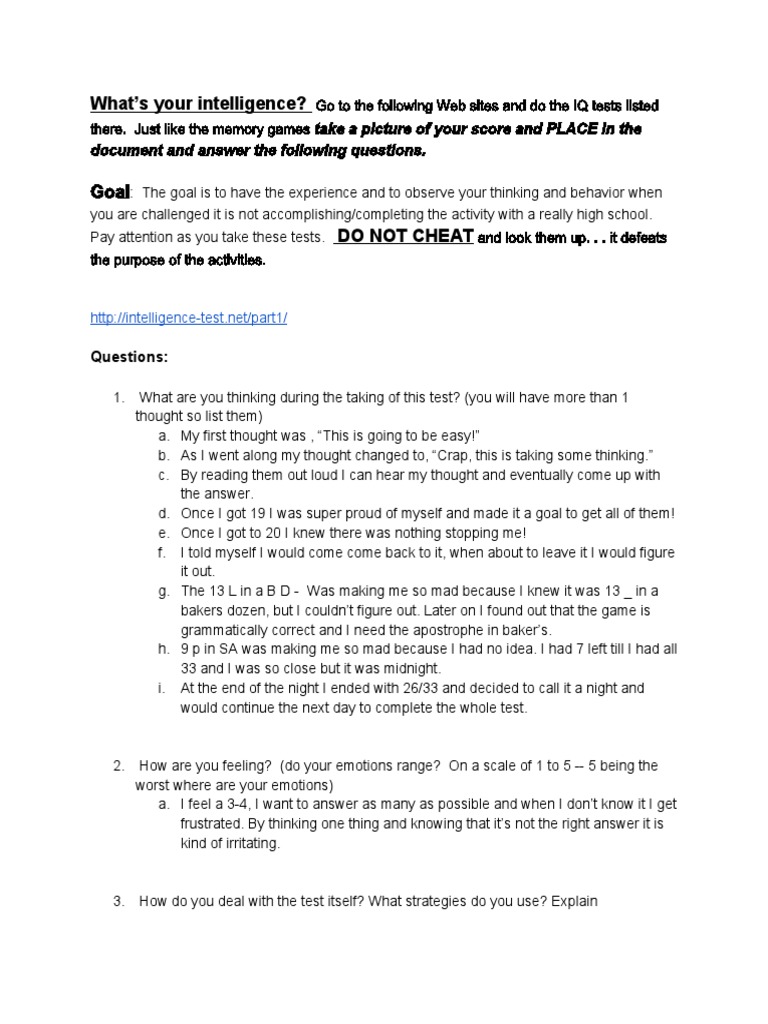 IQ Test Reflections and Insights | PDF | Intelligence Quotient | Thought