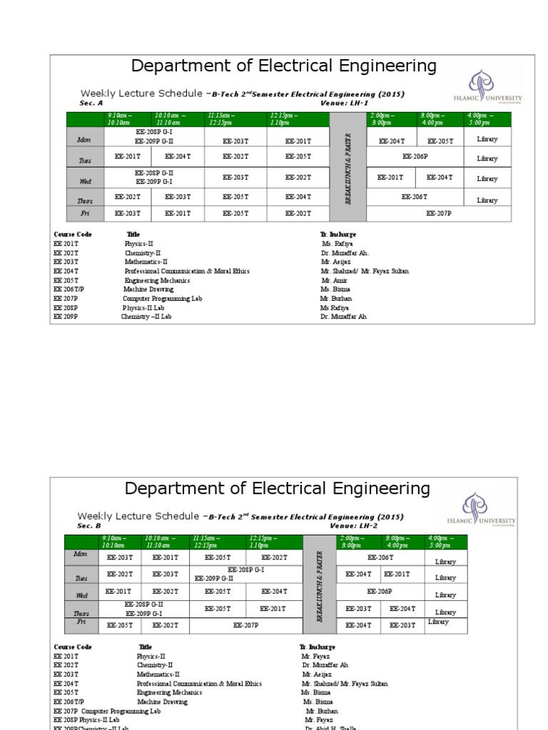 Department of Electrical Engineering: Weekly Lecture Schedule | PDF