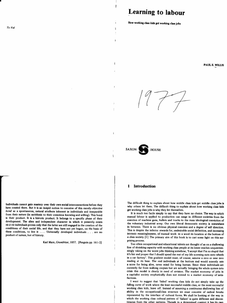 Paul Willis, Learning to Labor. Cultural Education Critical Theory