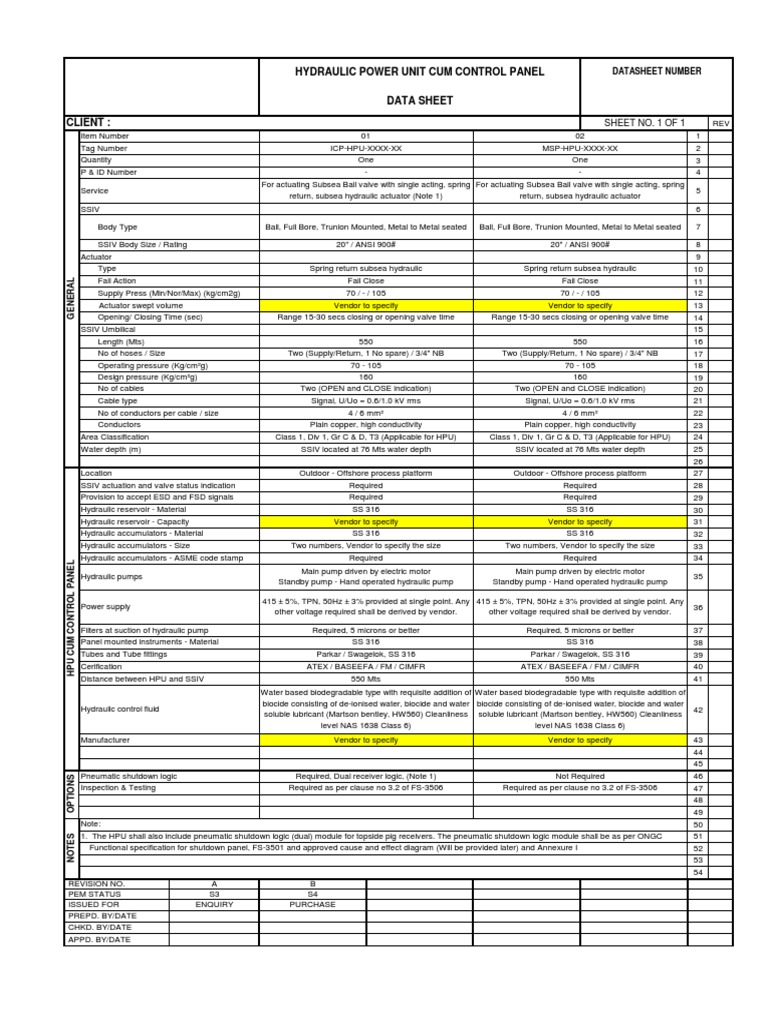 Hydraulic Power Unit Cum Control Panel: Sheet No. 1 of 1 | PDF | Gas ...