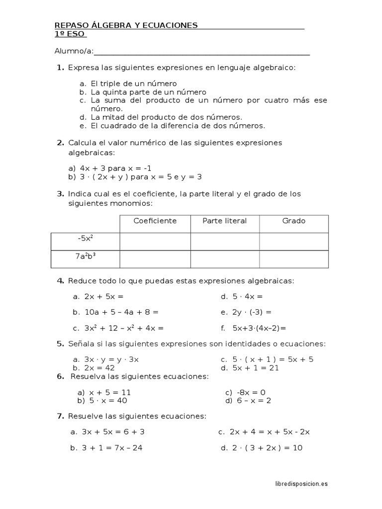 Repaso Algebra y Ecuaciones 1º Eso