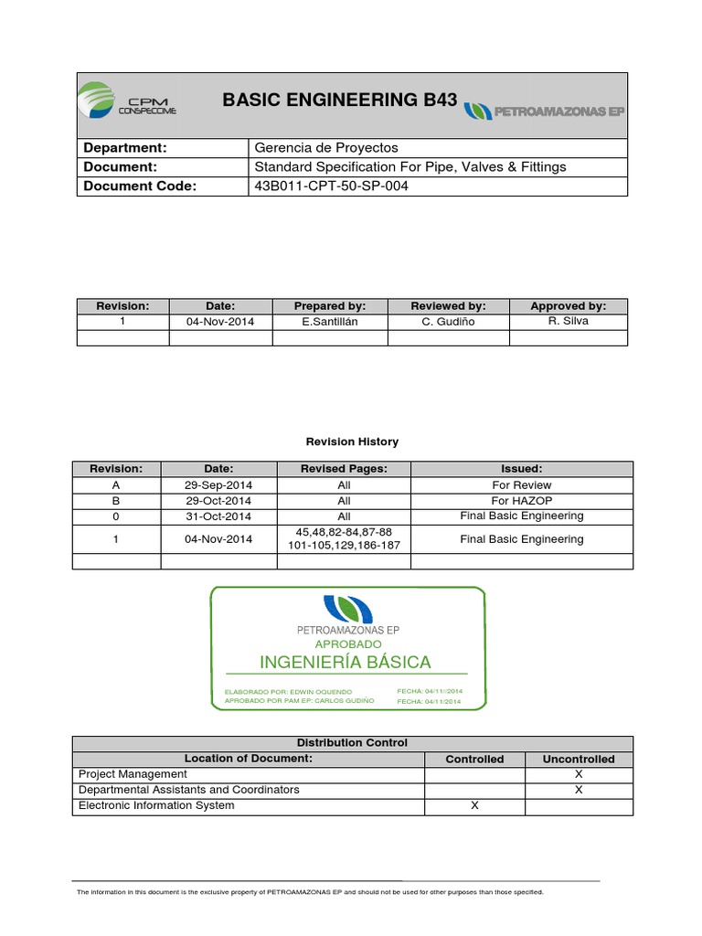 Basic Engineering, Standart Specification For Pipe, Valves | PDF | Pipe ...