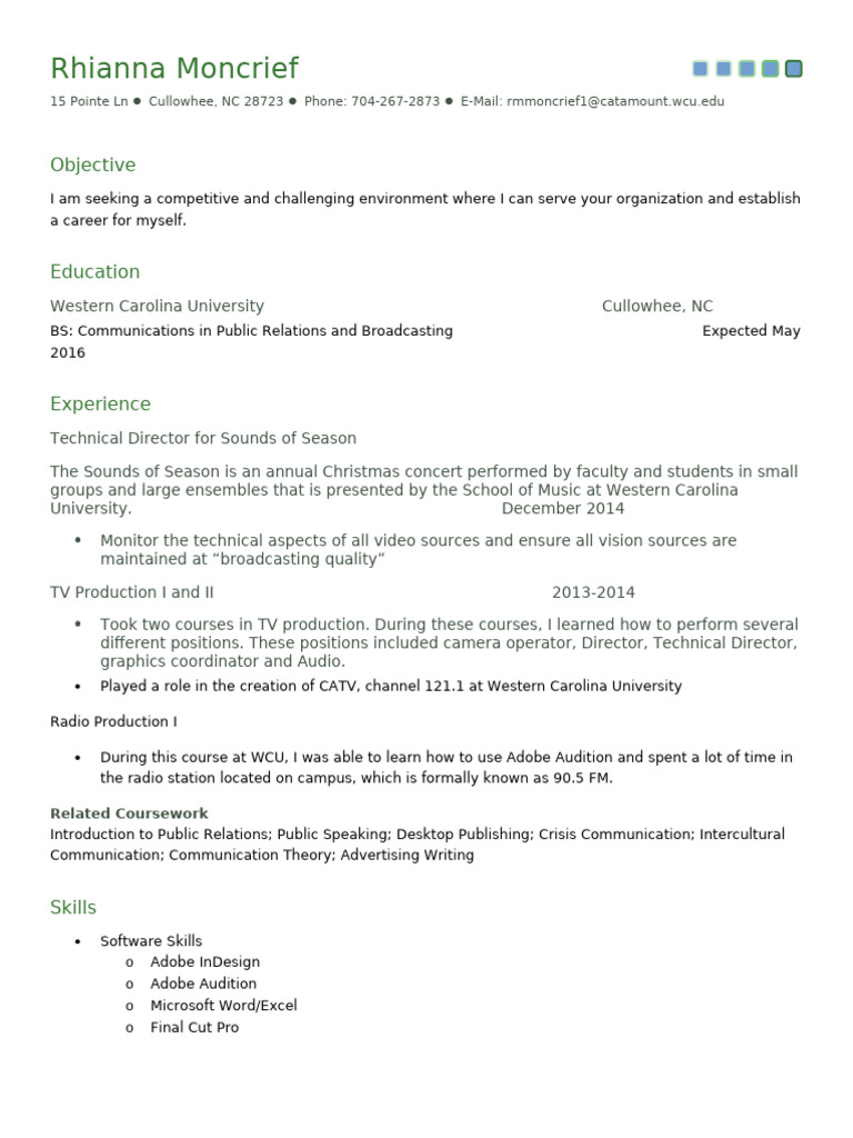 Rhianna Moncrief: PR & Broadcasting Resume | PDF | Social Science | Art