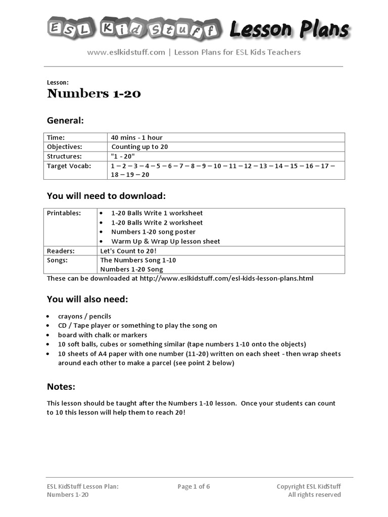 Numbers 1 20 Lesson Plan Lesson Plan English As A Second Or Foreign 