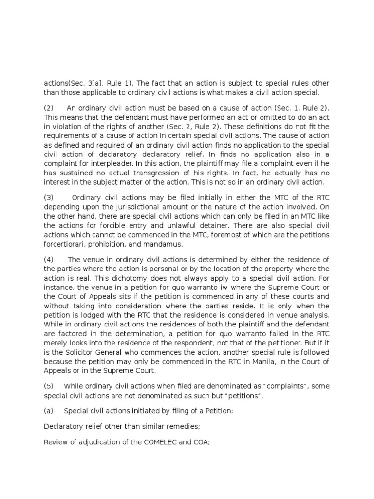 Ordinary Civil Actions Versus Special Civil Actions PDF Certiorari 